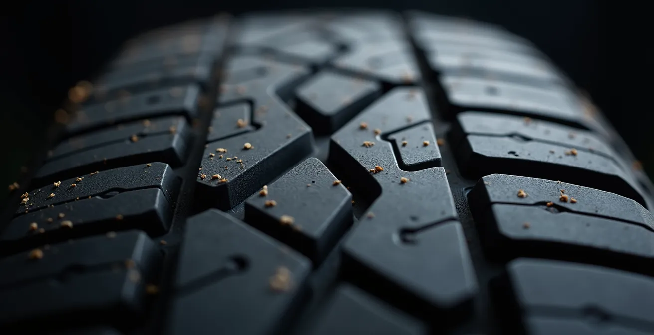 Vue macro d'un indicateur d'usure sur la bande de roulement d'un pneu automobile