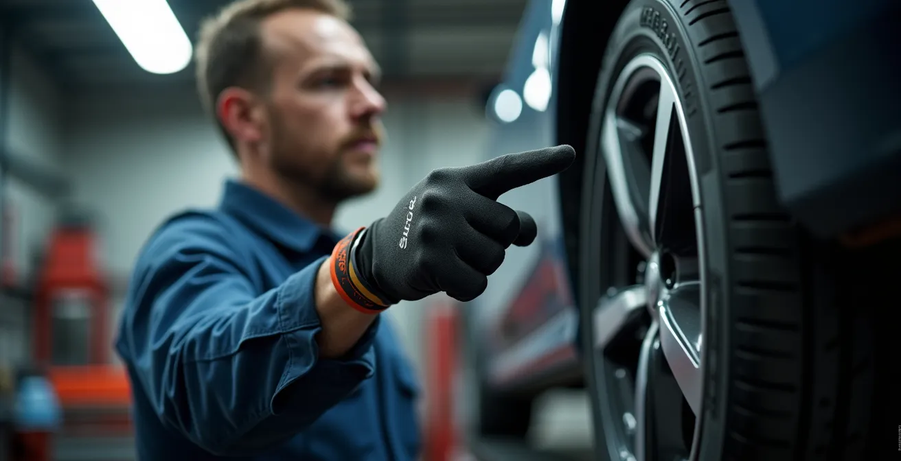Main d'expert automobile examinant de près le flanc d'un pneu dans un garage professionnel