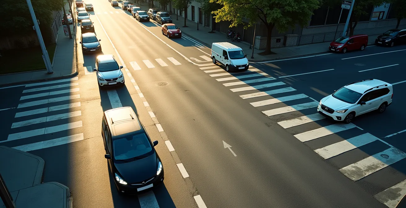 Vue aérienne d'un carrefour urbain avec différents types de véhicules en circulation