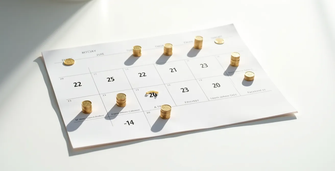 Calendrier avec pièces dorées marquant les meilleures périodes d'achat