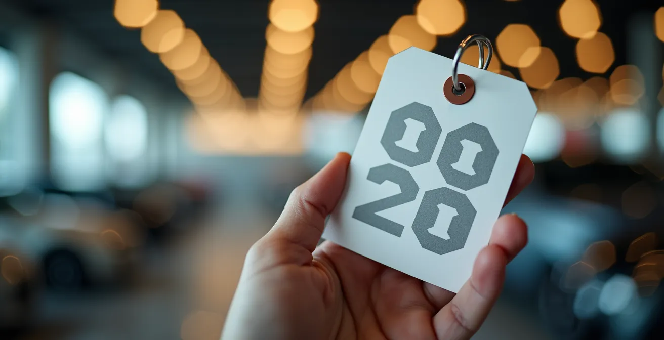 Main tenant étiquette de prix avec coffre de toit flou en arrière-plan