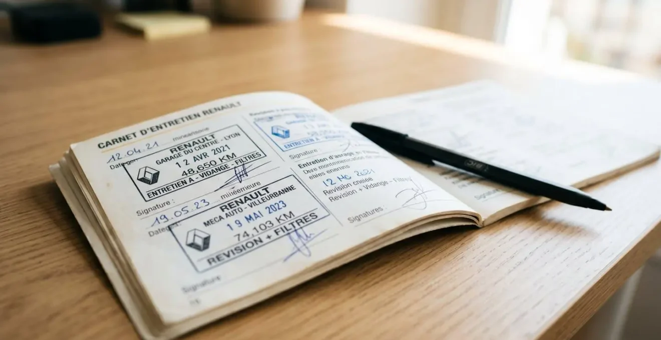 Carnet d'entretien Renault ouvert avec tampons de révisions et dates manuscrites sur un bureau