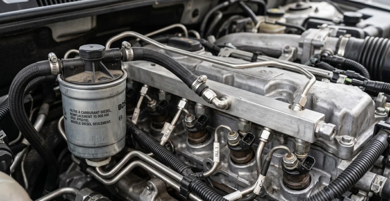 Compartiment moteur diesel Renault Clio 4 montrant le filtre à gasoil et les durites d'injection