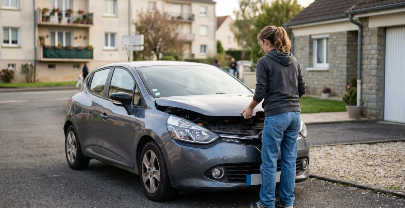 Propriétaire ouvrant le capot d'une Renault Clio 4 dans une allée résidentielle pour vérifier le moteur