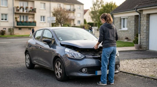 Propriétaire ouvrant le capot d'une Renault Clio 4 dans une allée résidentielle pour vérifier le moteur