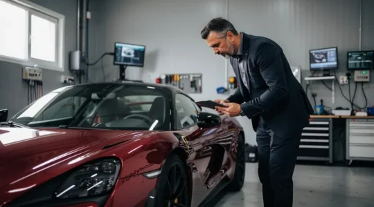 Expert automobile inspectant en détail un véhicule de sport de luxe dans un atelier spécialisé en France