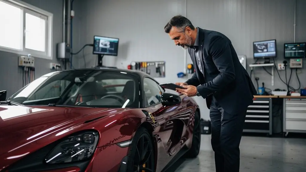 Expert automobile inspectant en détail un véhicule de sport de luxe dans un atelier spécialisé en France