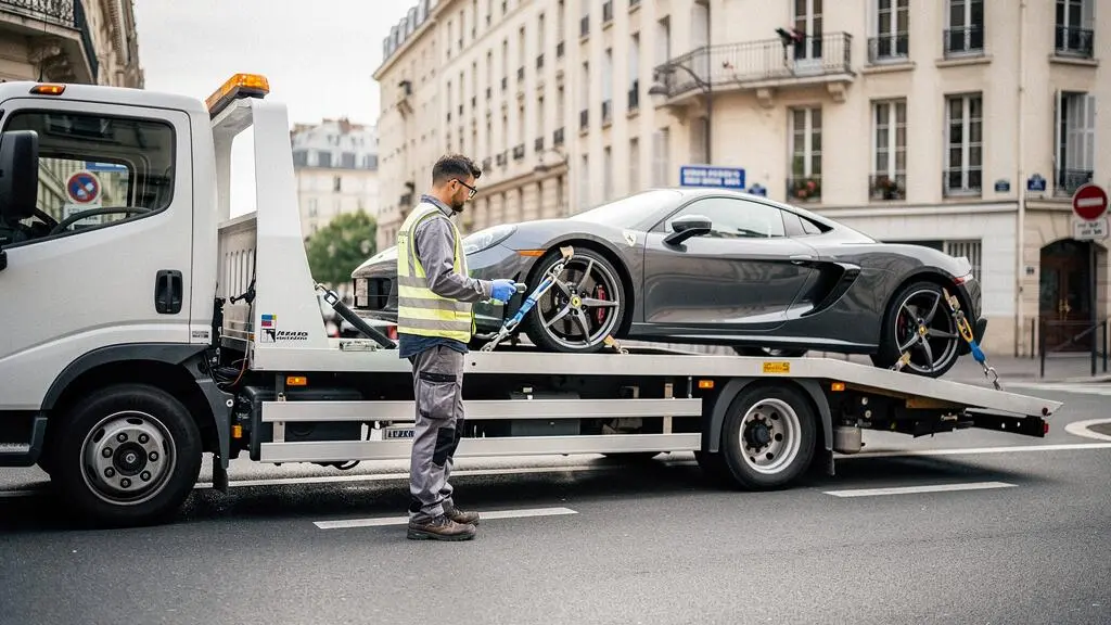 Camion plateau spécialisé transportant un véhicule de luxe avec un professionnel supervisant l'opération