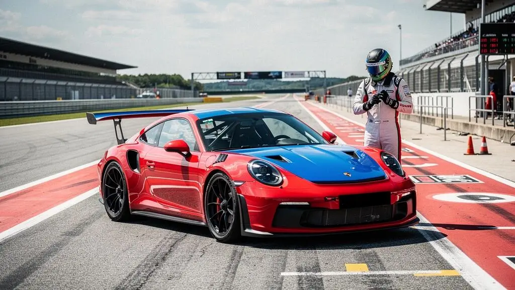 Véhicule de sport de luxe sur circuit automobile lors d'une journée de roulage privée en France